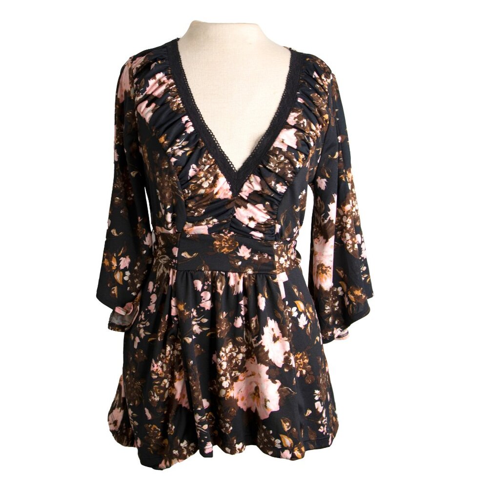 Babydoll Floral Blouse V-Neck Bell Sleeve Boho Size PM